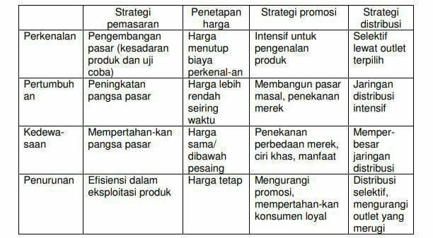 Tabel. Rangkuman Strategi Pemasaran pada Siklus Daur Hidup Produk (foto/istimewa)