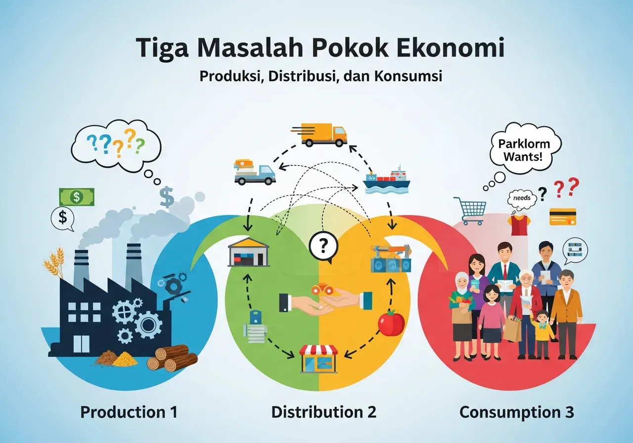 Tiga Masalah Pokok Ekonomi: Produksi, Distribusi, dan Konsumsi (ft.istimewa)