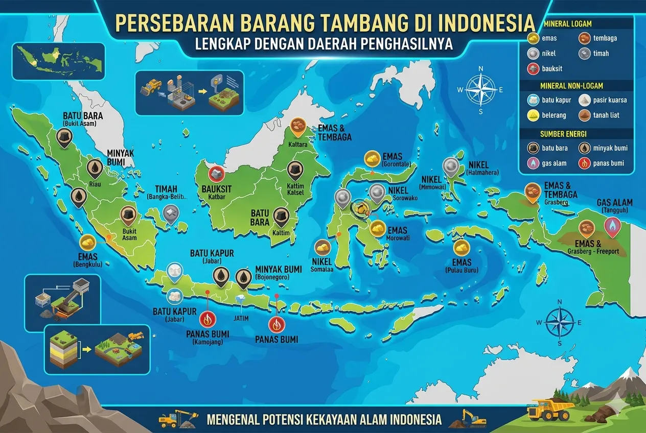 Persebaran Barang Tambang di Indonesia Lengkap dengan Daerah Penghasilnya (AiStudio)