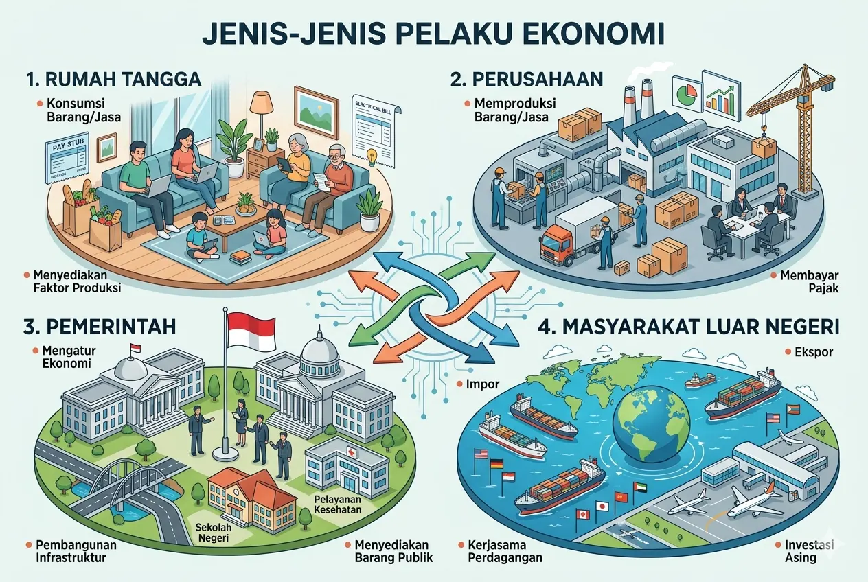 Jenis-Jenis Pelaku Ekonomi: Rumah Tangga, Perusahaan, Pemerintah, dan Masyarakat Luar Negeri (AiStudio)