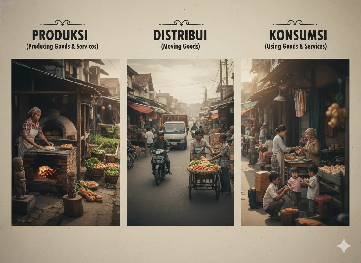 Kegiatan Ekonomi di Lingkungan Sekitar: Produksi, Distribusi, dan Konsumsi (AiStudio)