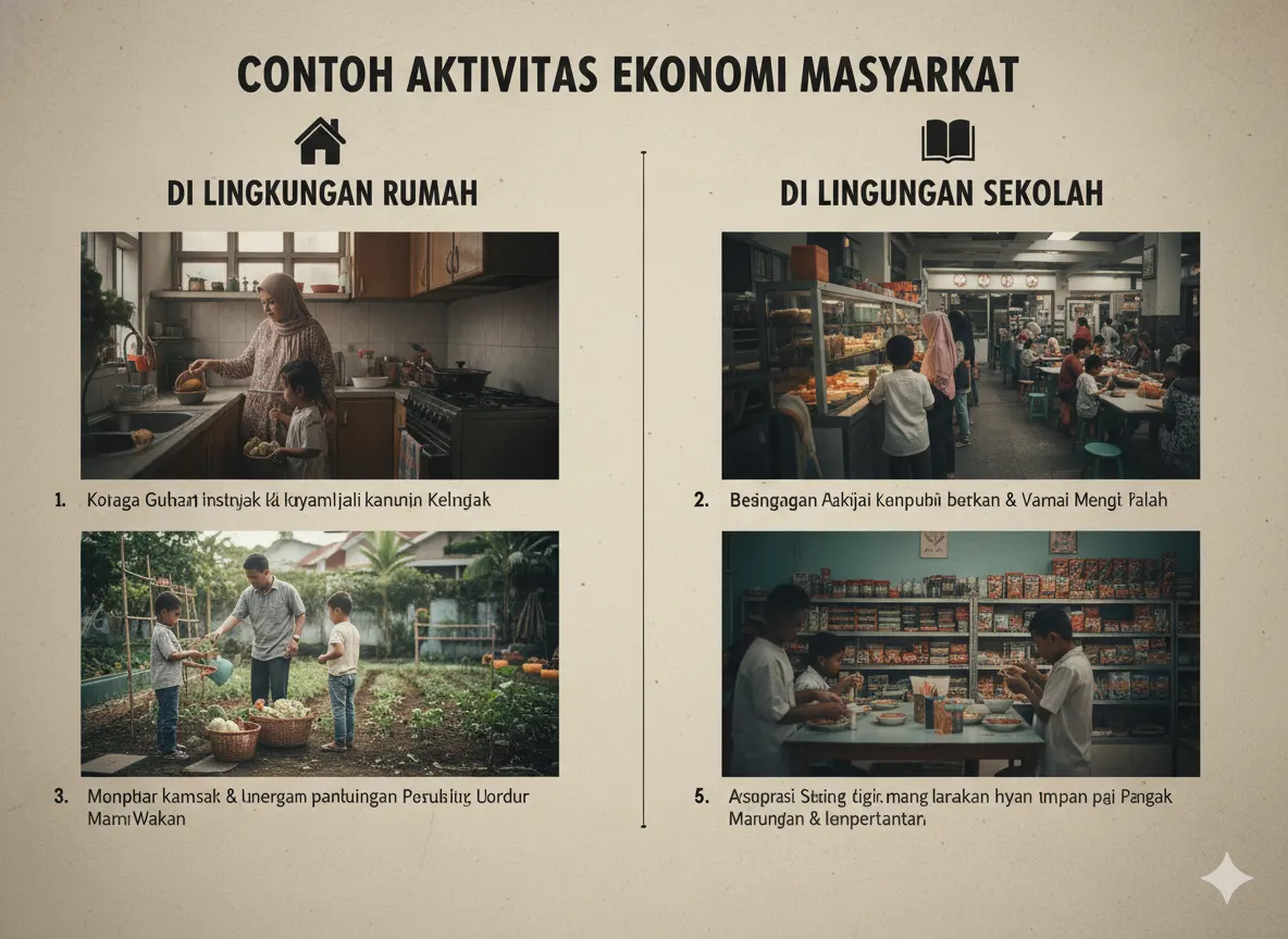 Contoh Aktivitas Ekonomi Masyarakat di Lingkungan Rumah dan Sekolah (AiStudio)