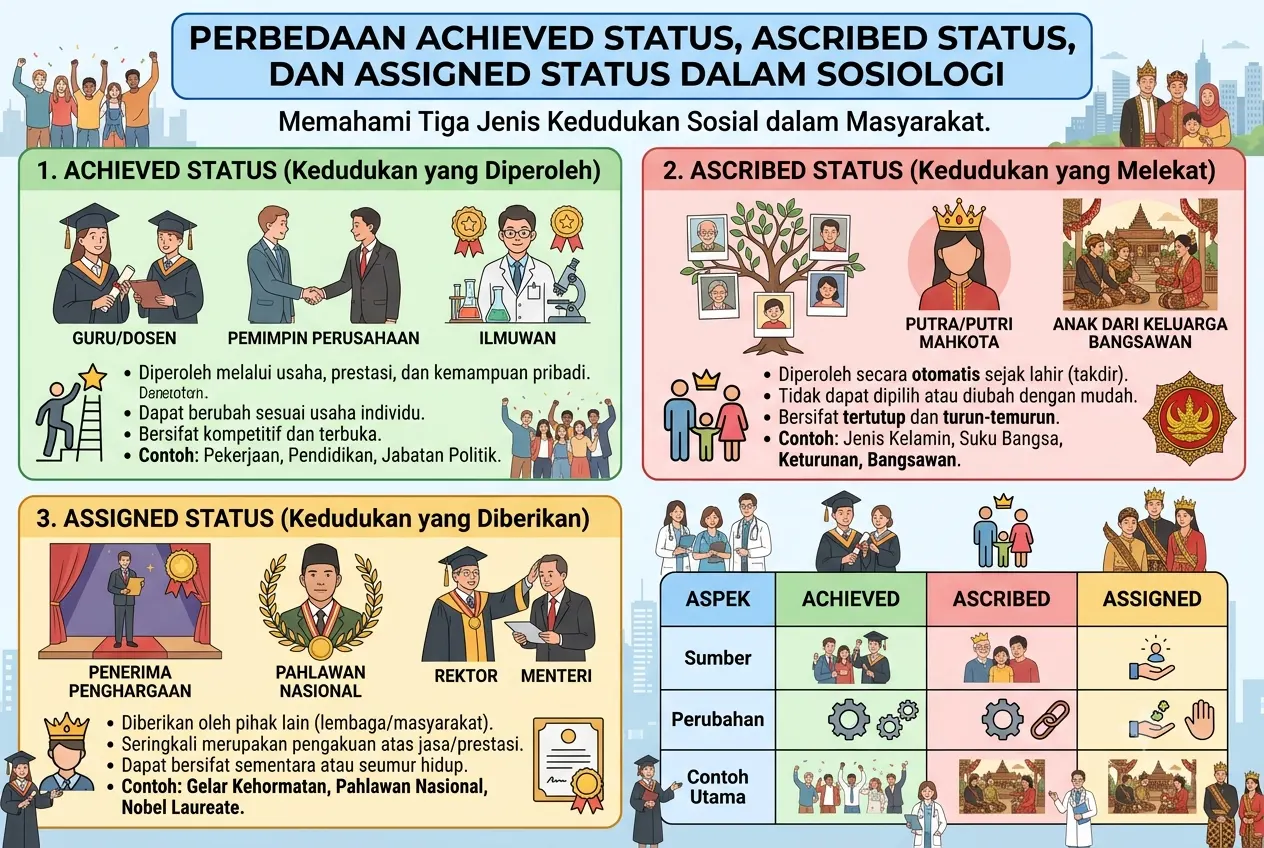 Perbedaan Achieved Status, Ascribed Status, dan Assigned Status dalam Sosiologi (AiStudio)