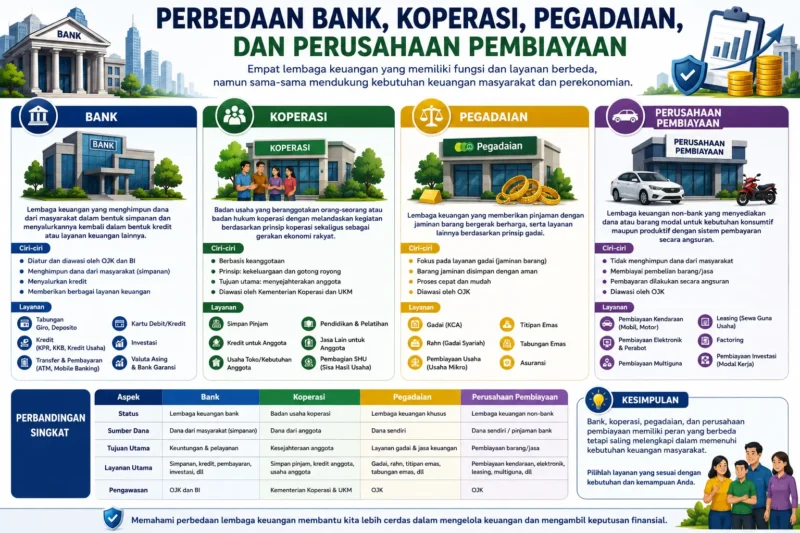 Perbedaan Bank, Koperasi, Pegadaian, dan Perusahaan Pembiayaan