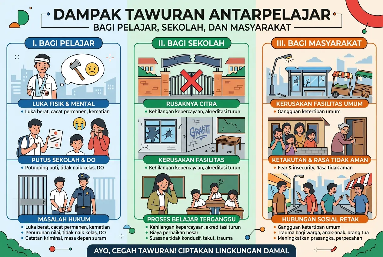Dampak Tawuran Antarpelajar bagi Pelajar, Sekolah, dan Masyarakat (AiStudio)