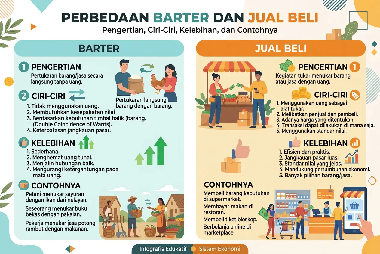 Perbedaan Barter dan Jual Beli: Pengertian, Ciri-Ciri, Kelebihan, dan Contohnya (AiStudio)