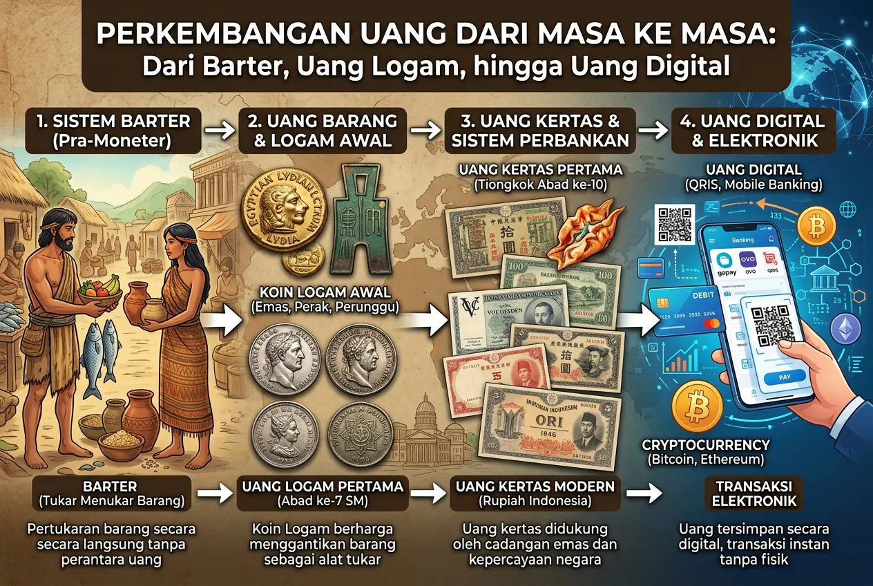 Perkembangan Uang dari Masa ke Masa: Dari Barter, Uang Logam, hingga Uang Digital (AiStudio)