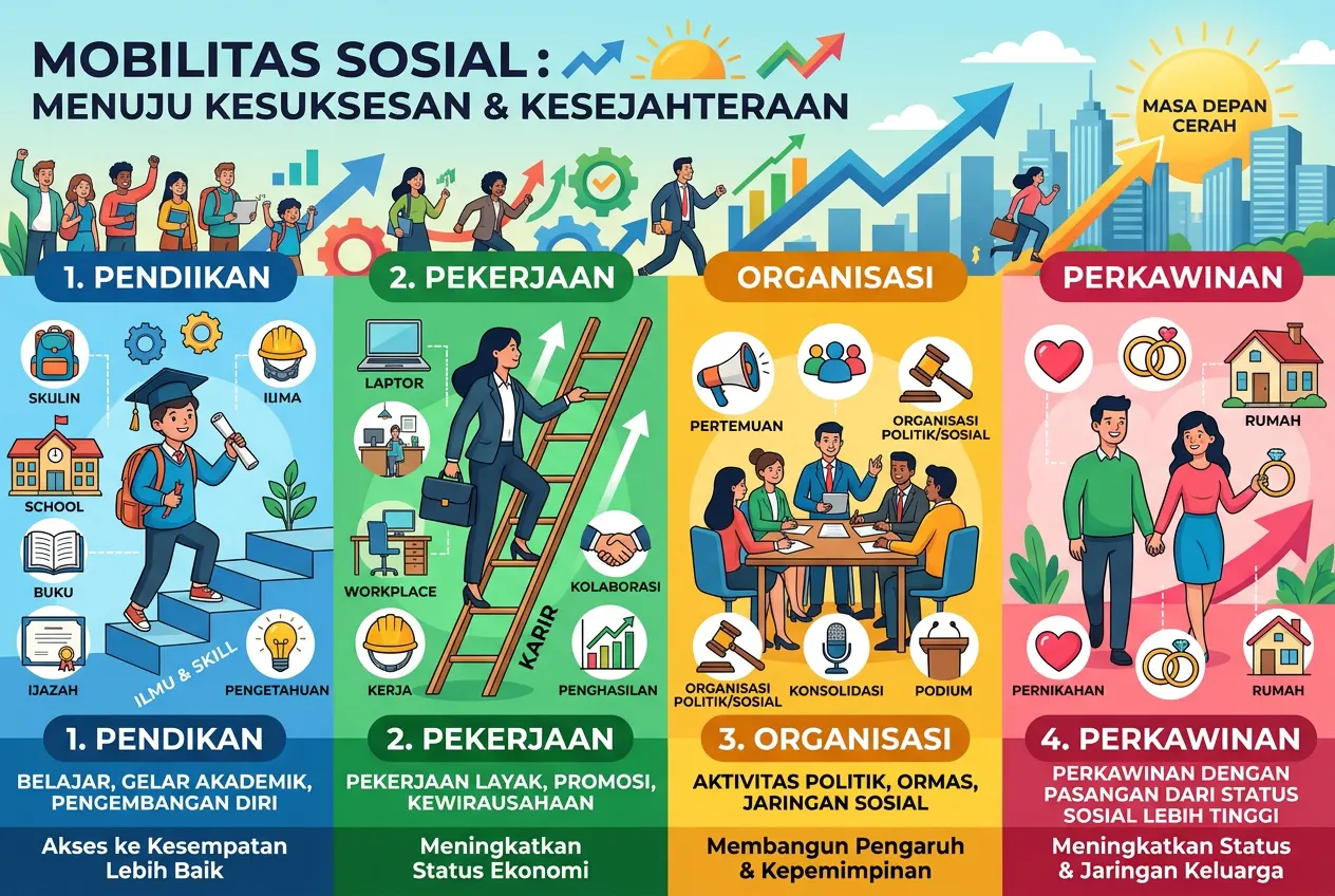Saluran Mobilitas Sosial: Pendidikan, Pekerjaan, Organisasi, dan Perkawinan (AiStudio)