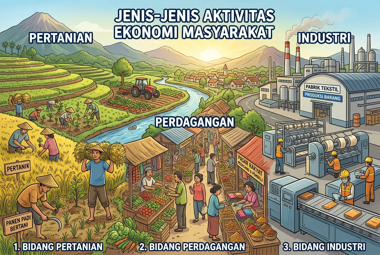Jenis-Jenis Aktivitas Ekonomi Masyarakat di Bidang Pertanian, Perdagangan, dan Industri (AiStudio)