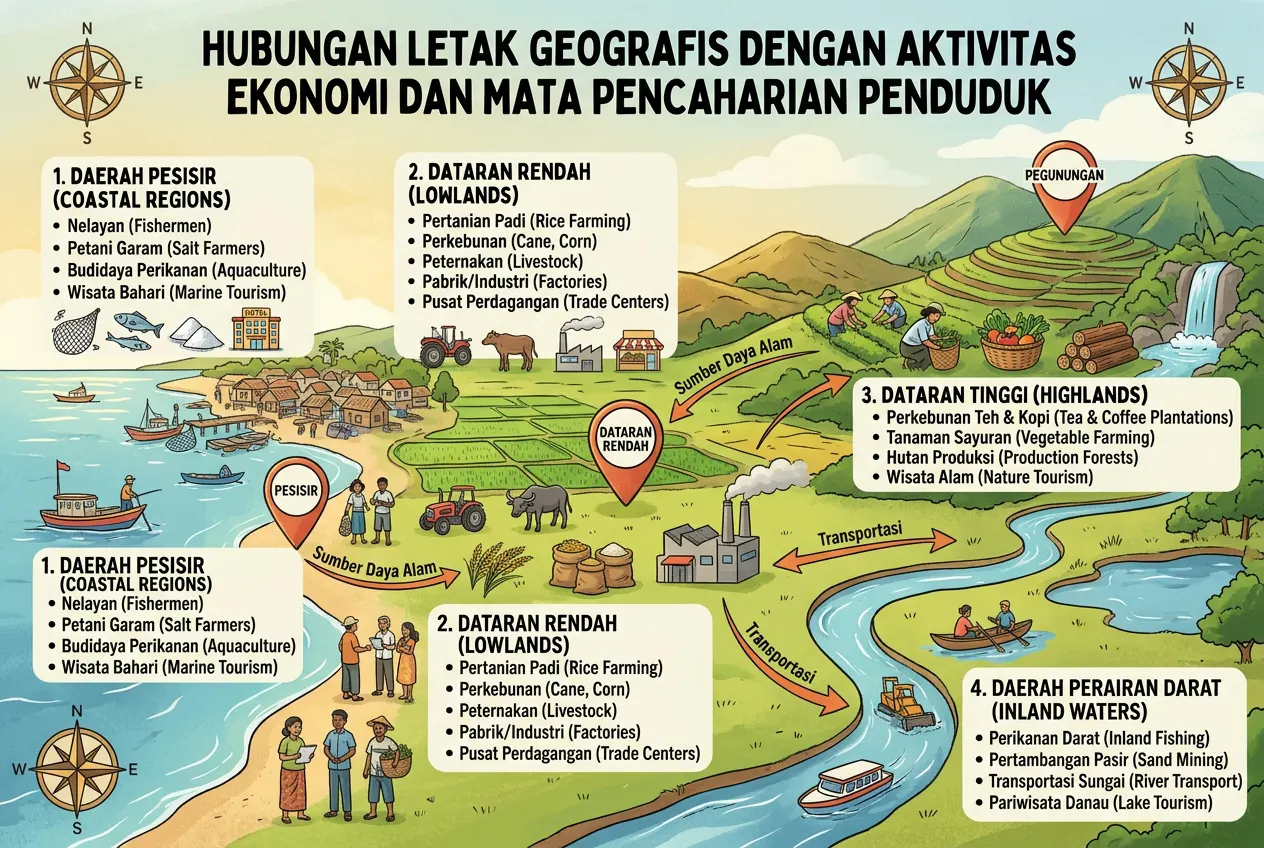 Hubungan Letak Geografis dengan Aktivitas Ekonomi dan Mata Pencaharian Penduduk (AiStudio)