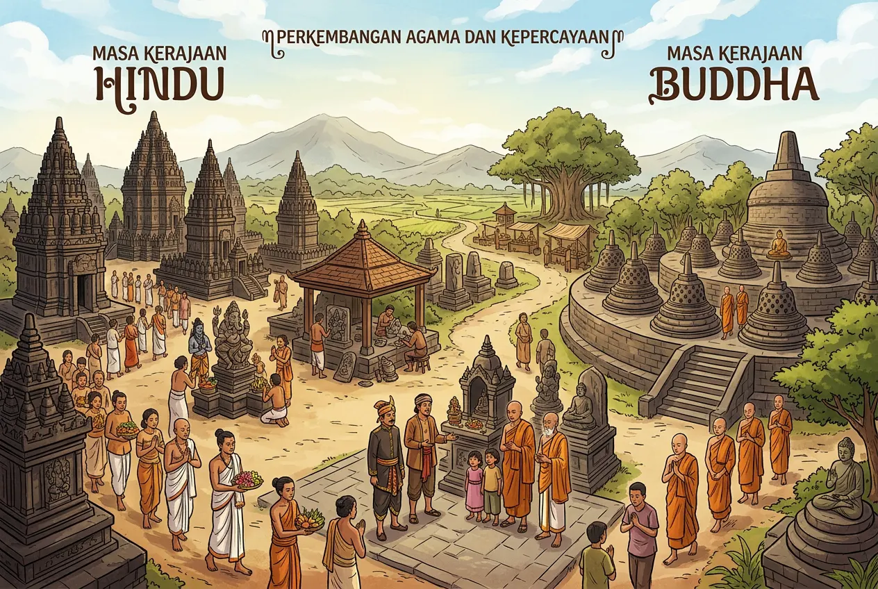 Perkembangan Agama dan Kepercayaan pada Masa Kerajaan Hindu-Buddha (AiStudio)