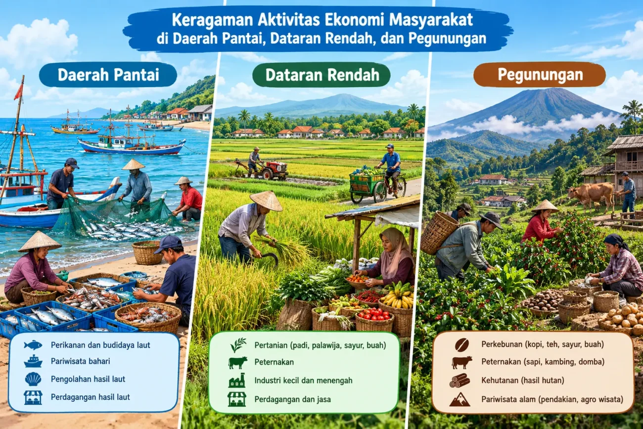 Keragaman Aktivitas Ekonomi Masyarakat di Daerah Pantai, Dataran Rendah, dan Pegunungan (AiStudio)
