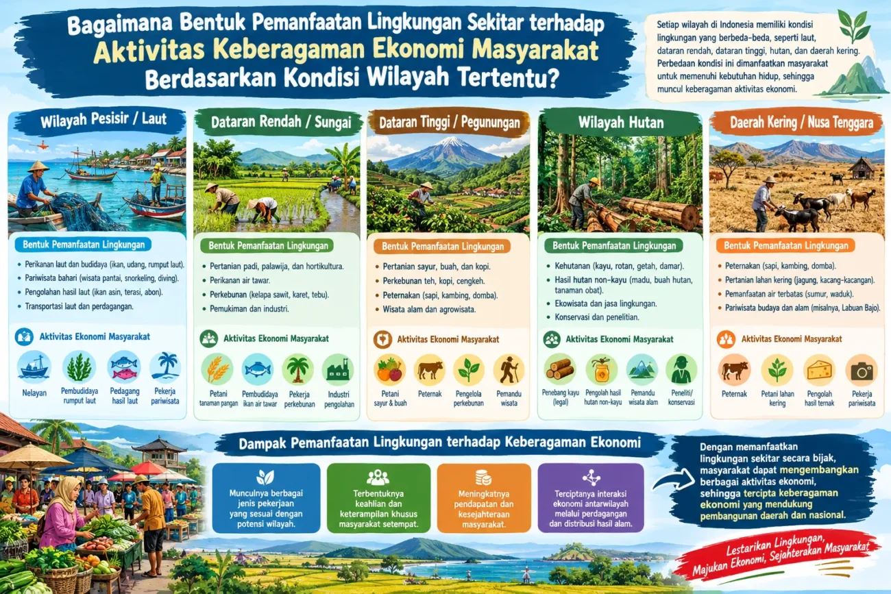 Bagaimana Bentuk Pemanfaatan Lingkungan Sekitar terhadap Aktivitas Keberagaman Ekonomi Masyarakat Berdasarkan Kondisi Wilayah Tertentu? (AiStudio)
