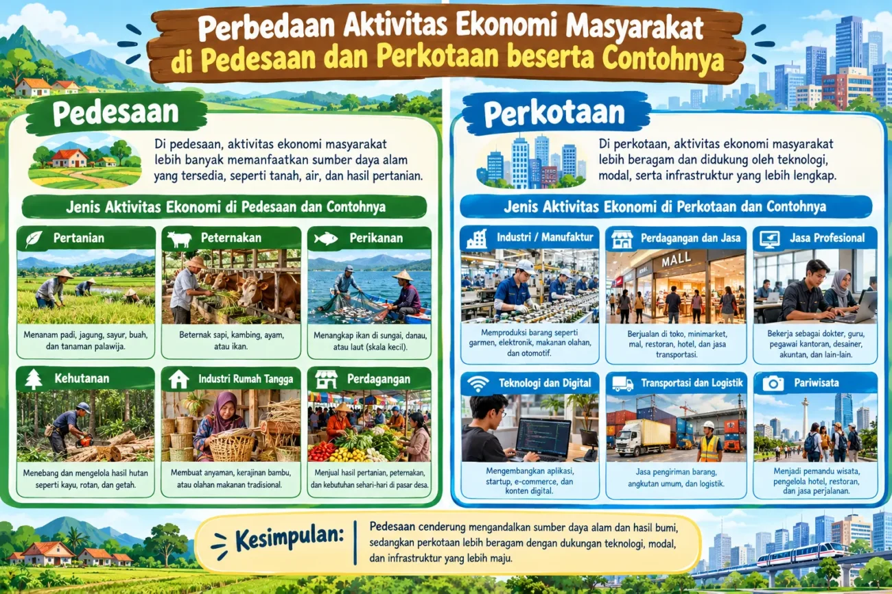 Perbedaan Aktivitas Ekonomi Masyarakat di Pedesaan dan Perkotaan beserta Contohnya (AiStudio)
